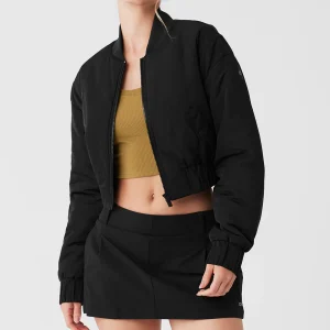 Cropped Break Line Bomber Jacket - Black