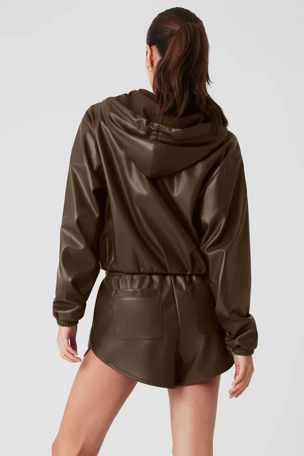 Faux Leather Power Hour Full Zip Cropped Jacket - Espresso