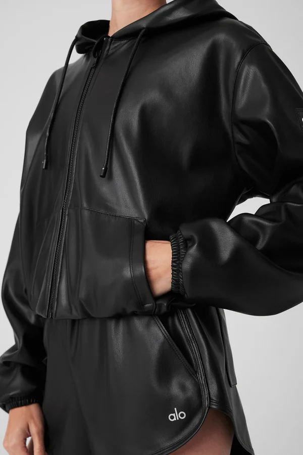 Faux Leather Power Hour Full Zip Cropped Jacket - Black