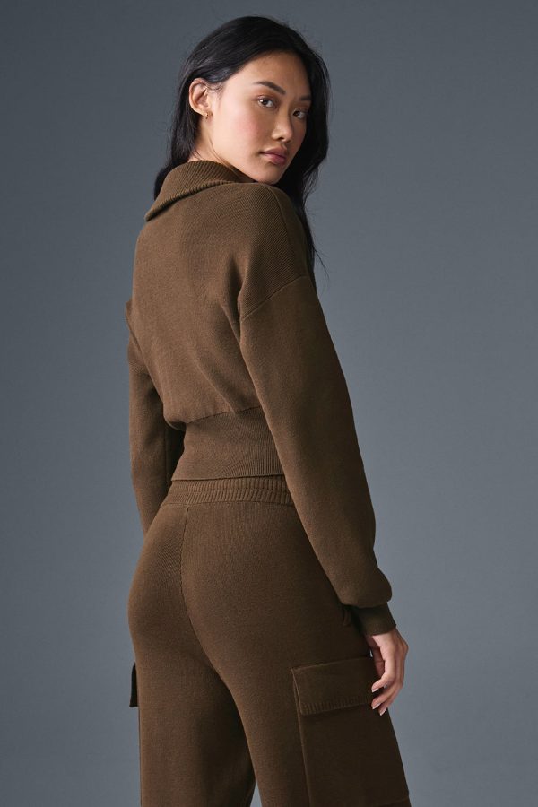 Scholar Knit Cropped Full Zip Jacket ?C Espresso