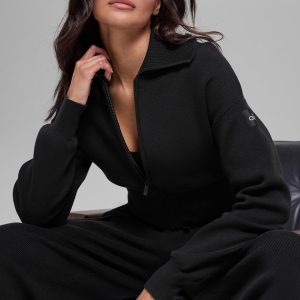 Scholar Knit Cropped Full Zip Jacket ?C Black