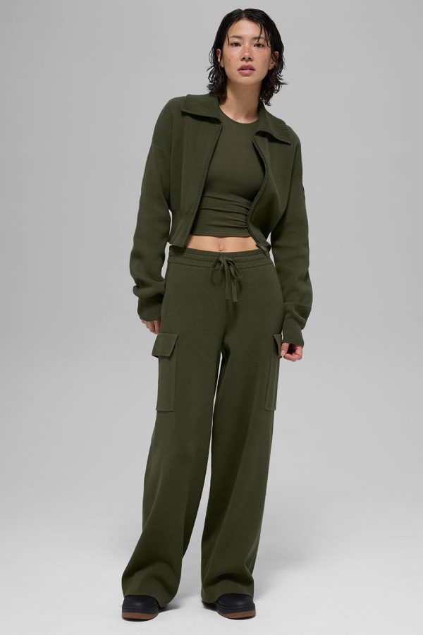 Scholar Knit Cropped Full Zip Jacket ?C Green Olive
