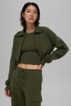 Scholar Knit Cropped Full Zip Jacket ?C Green Olive